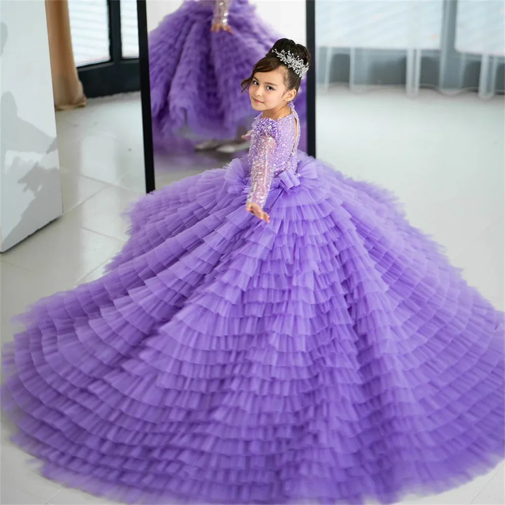 

Luxury Sequin Tiered Wedding Party Flower Girl Dress Full Sleeve Pleat Classic Elegant A-Line First Communion Birthday Ball Gown