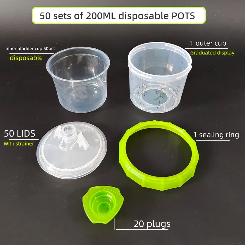 

Пистолет-распылитель одноразовый POTS 200 мл Бесплатная стирка 50 комплектов 1 коробка Автомобильный распылитель Краска Пластиковый горшок Градуированная чашка Пистолет-распылитель Общая герметичная банка
