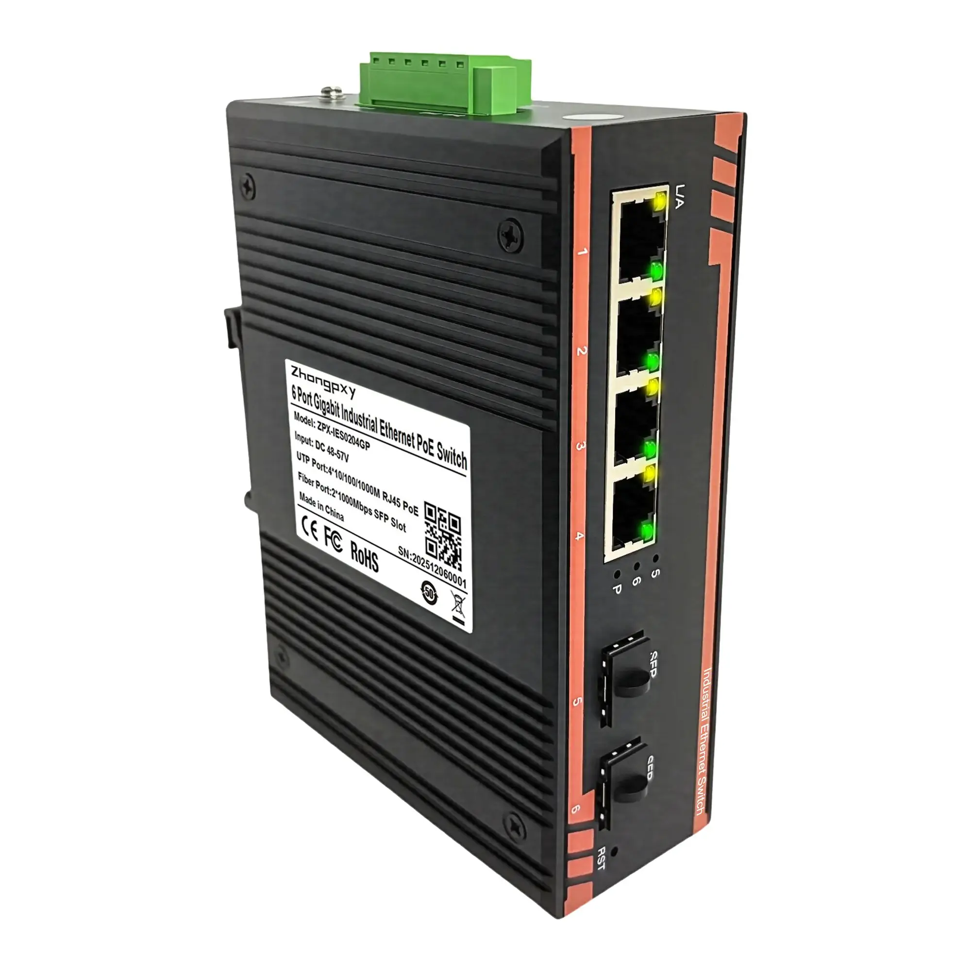 

Industrial Ethernet Switch 4×Gigabit RJ45 + 2×SFP | 6-Port Unmanaged DIN-Rail Switch | IP40 Metal | 12–52V DC | -40~80℃
