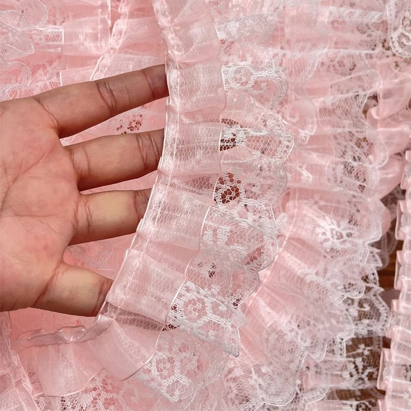 5cm wide pink snow gauze with lace pleated dress skirt handmade DIY baby clothes home wall cabinet throw pillow trim accessories