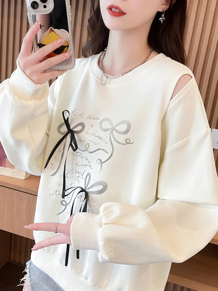 Jmprs Hollow Out Bow Sweatshirt Women Sweet Preppy Style Loose Pullovers Fashion Long Sleeve Letter Cute Female Fall Japan Tops