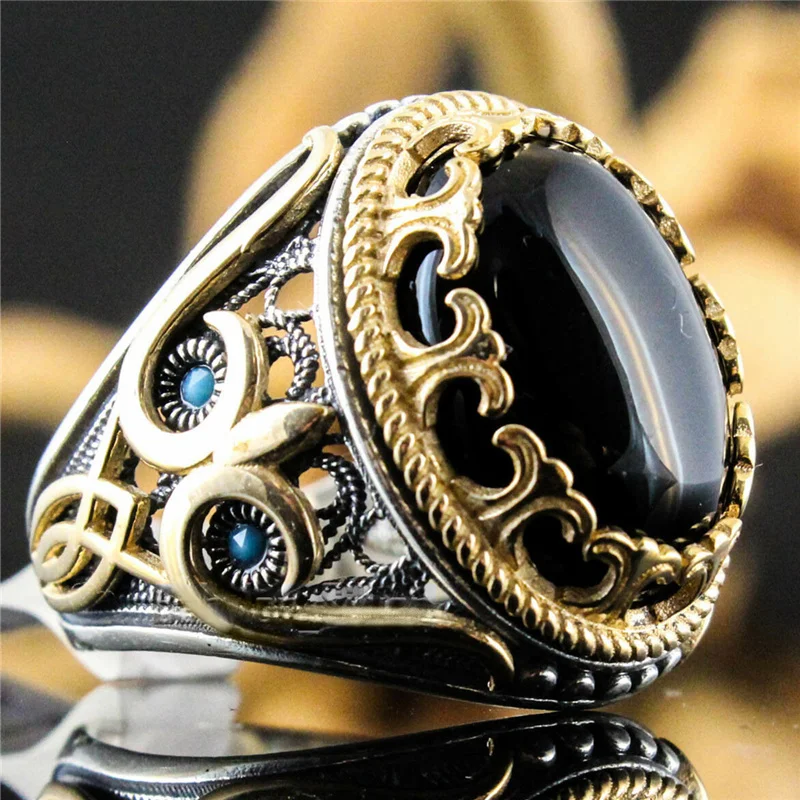 Classic Hollow Out Black Oval Natural Stone Crystal Finger Ring for Men Party Wedding Engagement Retro Punk Jewelry