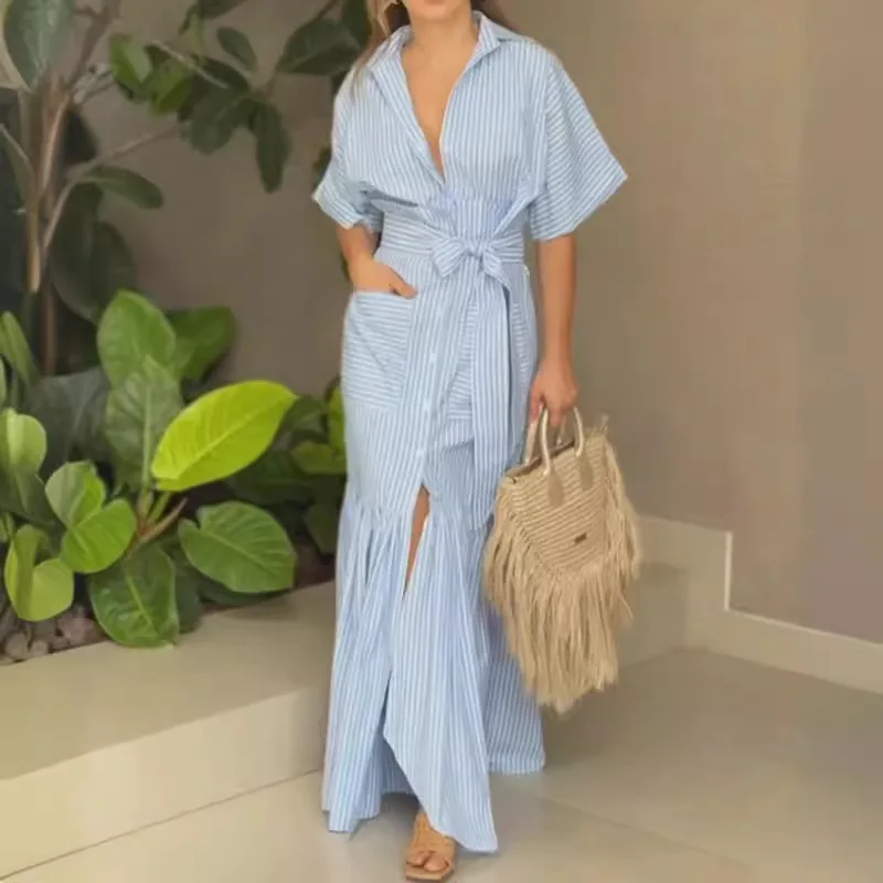 BAMBOOBOY Striped Shirt Dress Women with Sashes Summer Beach Woman Half High Waist Turn-down Collar Pocket A-Line Sundress