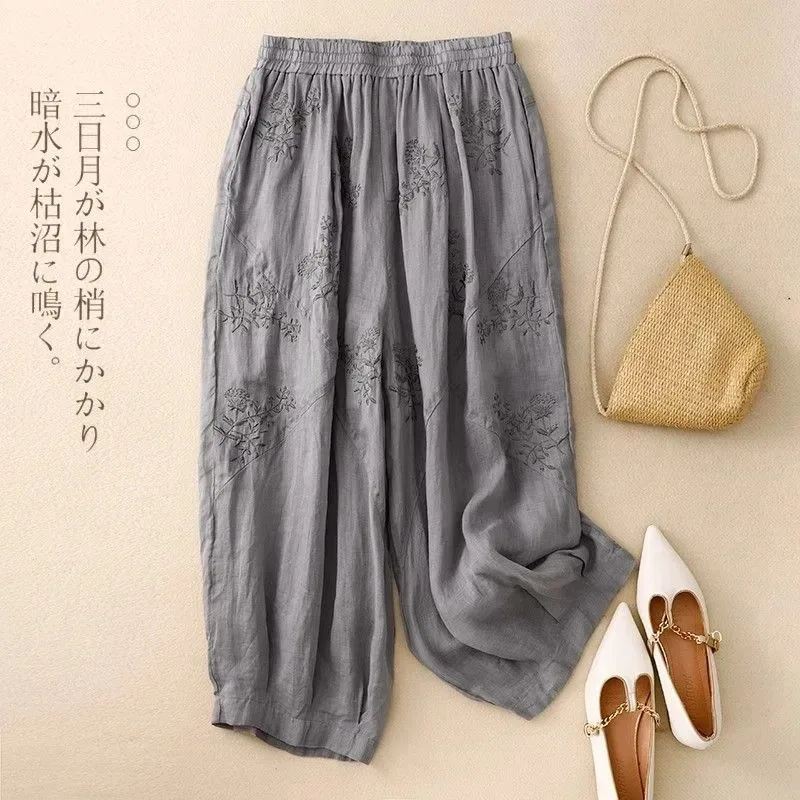 

Women's Pink Linen Wide-Leg Pants Elastic High-Waisted with Floral Embroidery