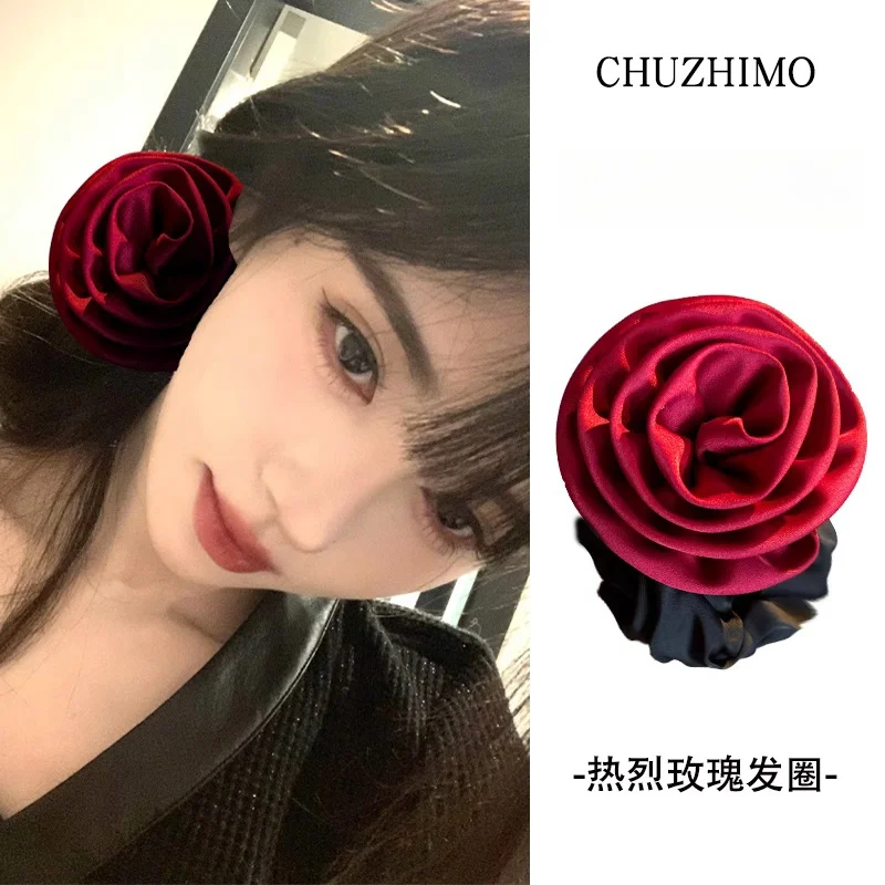 2024 Autumn Classic Bordeaux Satin Hair Ties with Vintage Rose Design FrenchStyle Rose Shape Scrunchies Elegant Hair Accessories