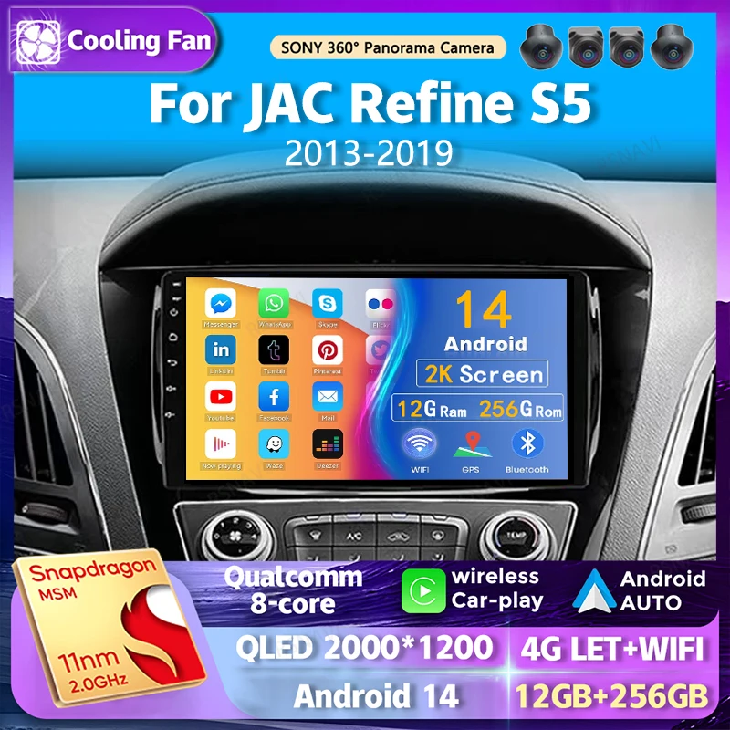 Android 14 wifi+4G Carplay AUTO Car Radio For JAC Refine S5 2013-2019 Navigation GPS Video Stereo Multimedia DVD DSP 360 Camera