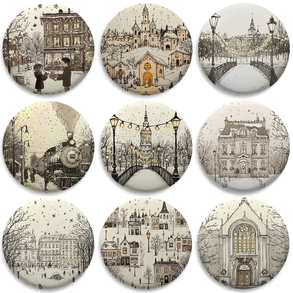 

Cozy Christmas Winter Scenes Badges Round Exquisite Badge Brooches Creative Pins For Clothes Hat Backpack Gift Accessories