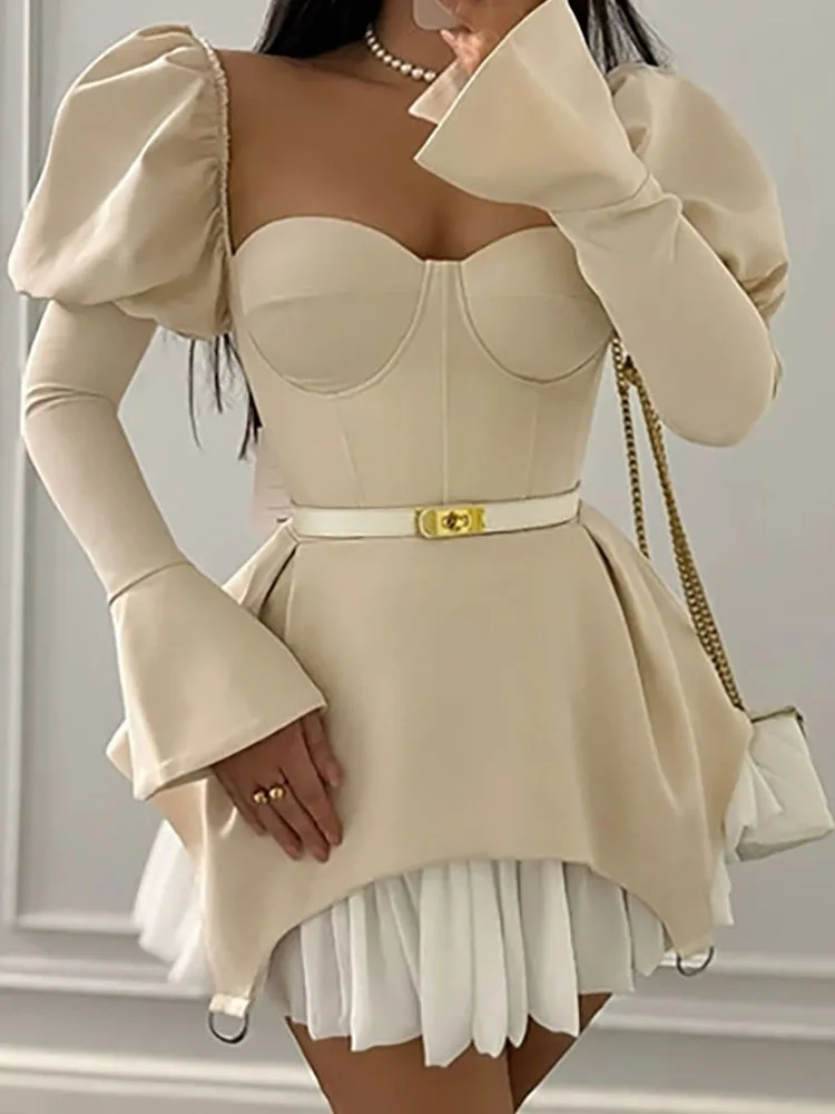 バブルスリーブデザインパッチワークスクエアネックショートスカート春夏新作レディースファッショントレンドドレス