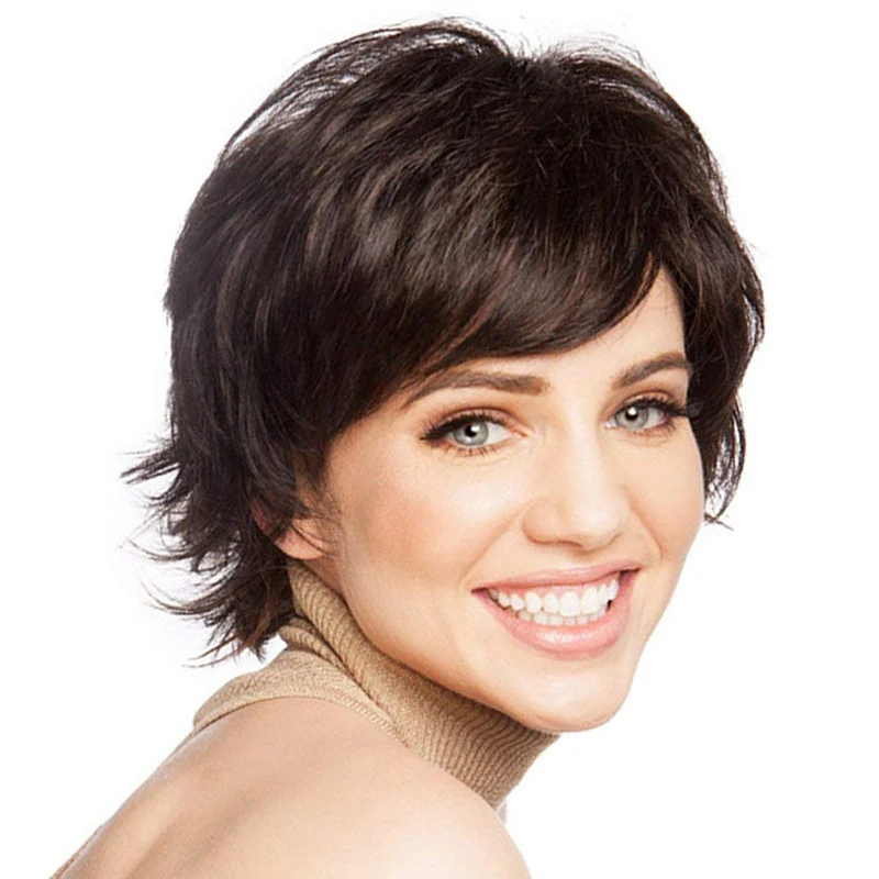 

European and American fashion white women's brown , short fluffy hair with side bangs, synthetic fiber wig