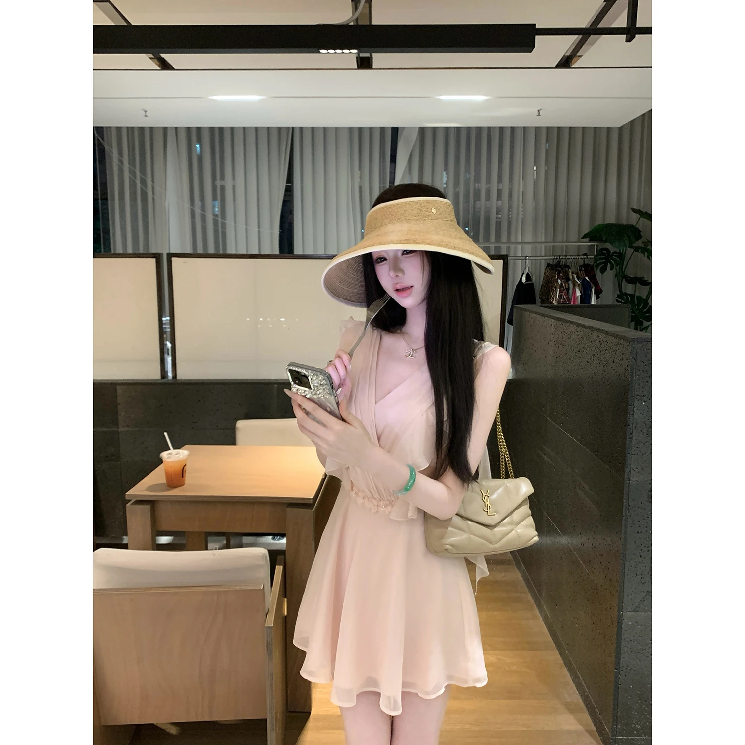 Syqiao Summer Short Skirt Dress Pink V-neck Pleated Tulle Fly Sleeve Lace  Princess Style Gathered Waist A-line Silhouette