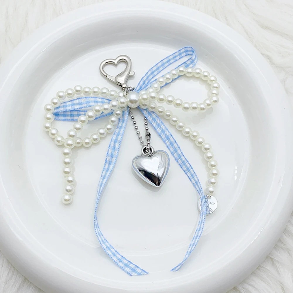 Korean Beaded Key Chain Handmade Pearl Bow Shaped Pendant Keyring Heart Keychain Ornament INS Pearl Decoration For Bags Phones