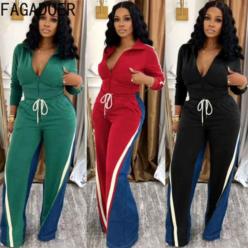 FAGADOER Casual 2 Piece Sets Women Outfit Color Blocks Long Sleeve Zipper Crop Top And Denim Patchwork Pants Suit Streetwear New