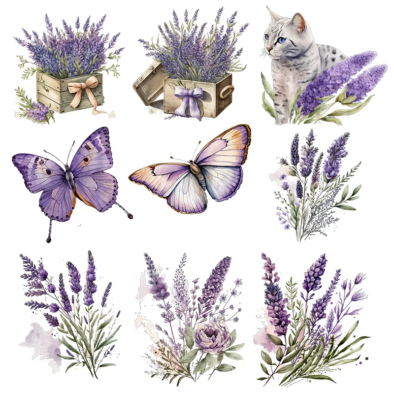 lavender cat Flower Butterfly DTFHeat Transfer iron on transfer for clothing Iron On Patches Thermal for Clothing.