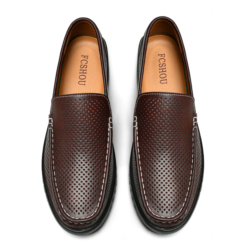 Men's Leather Slip-On Loafers, Breathable Perforated Casual Driving Moccasins with Soft Rubber Sole,Brown, Black
