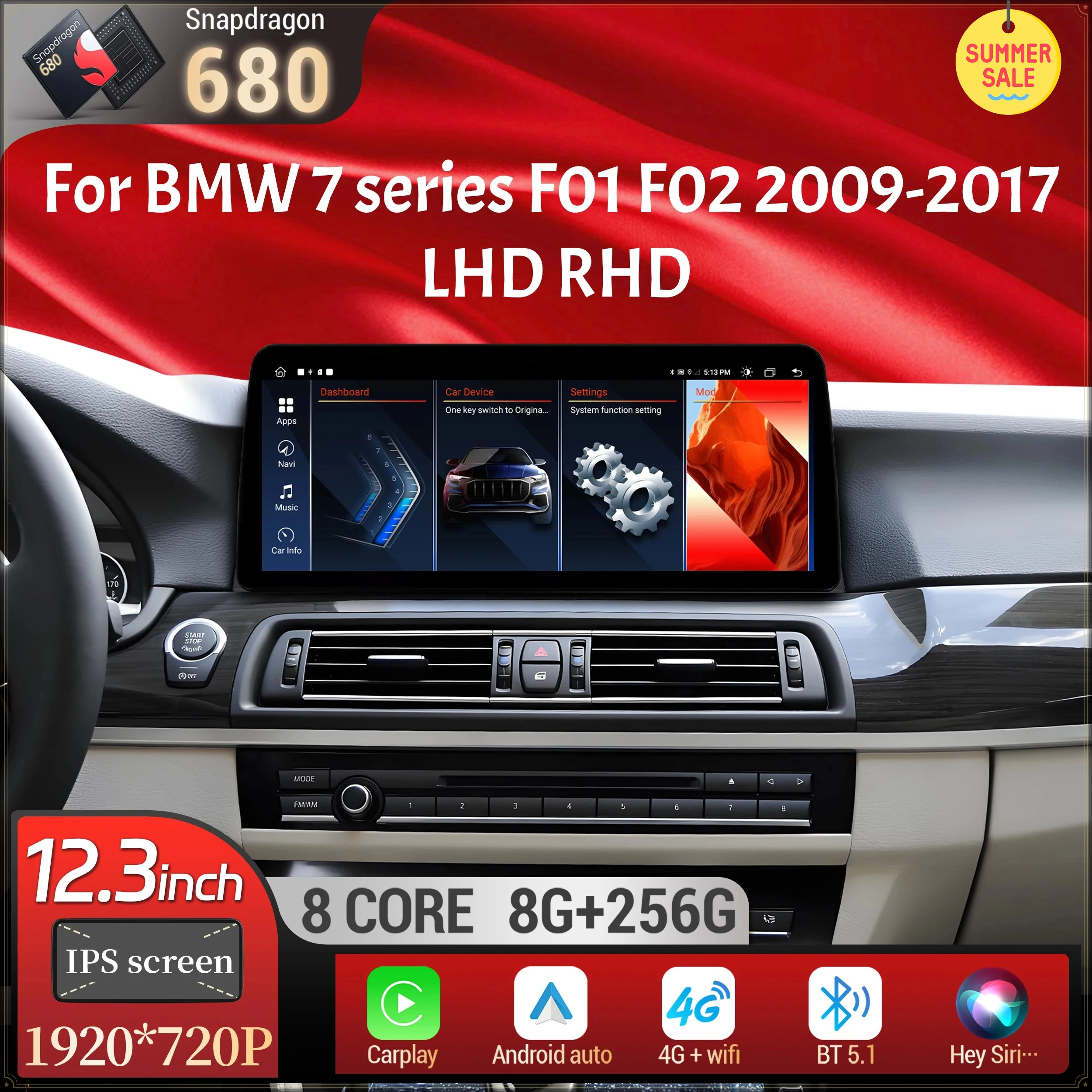 

12.3 inch 4G Android 14 Car Radio Wireless Bluetooth Carplay Head Unit Snapdragon 680 Screen For BMW 7 series F01 F02 2009-2017