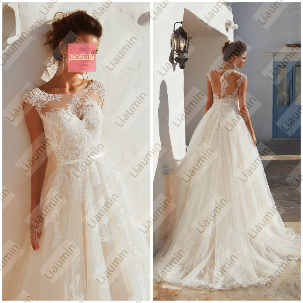 

Ivory With Lace Applique Cap Sleeve Sweep Train Wedding Formal Prom Dresses Bridal Ball Gowns Floor Length Customized W19-29.4