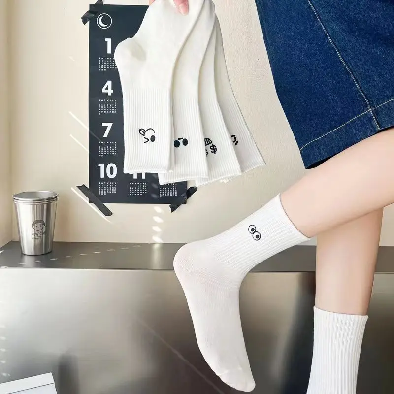 Chaussettes courtes blanches imprimées de dessin animé pour femmes, chaussettes d'été mignonnes pour étudiants japonais, 5 paires