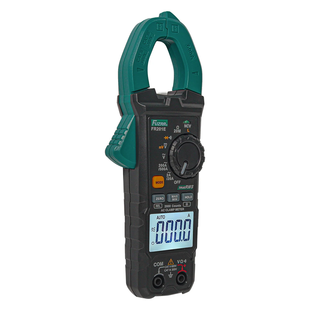 FUZRR FR201E Resistance Diode Measurements Digital Clamp Meter 2000 Counts True RMS AC/DC 600A Ohm LowZ NCV Clamp Multimeter