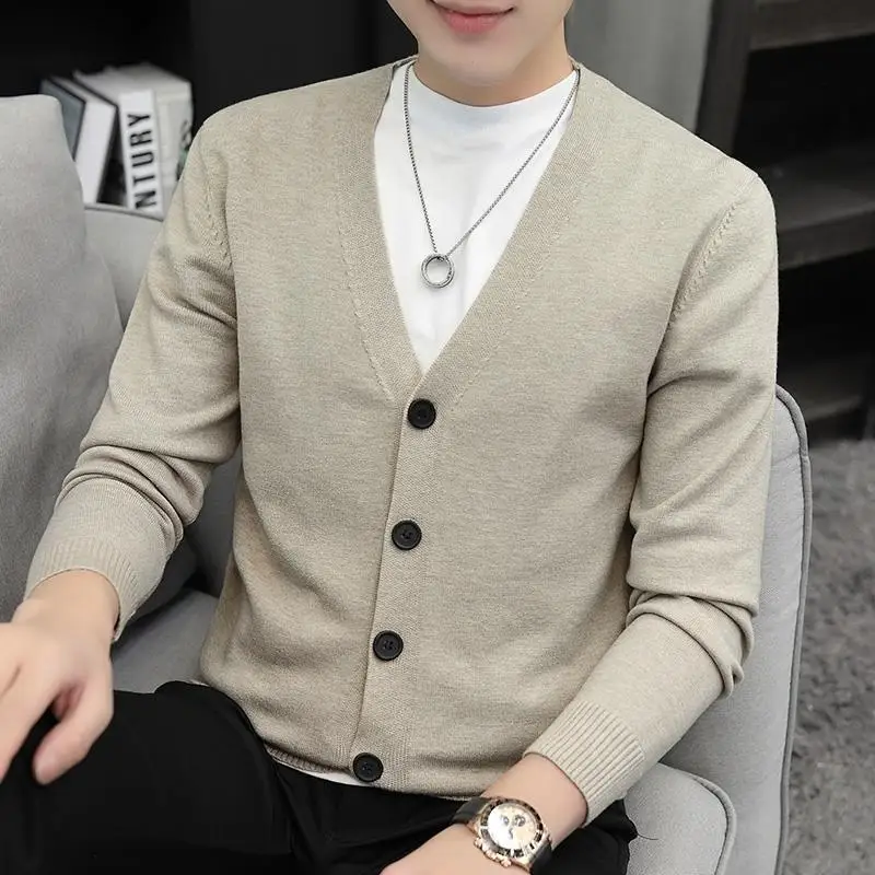 Autumn Winter New Men Sweater Coat V-Neck Solid Single Breasted Korean Fashion Casual Slim Long Sleeve Cardigan Knitted Tops