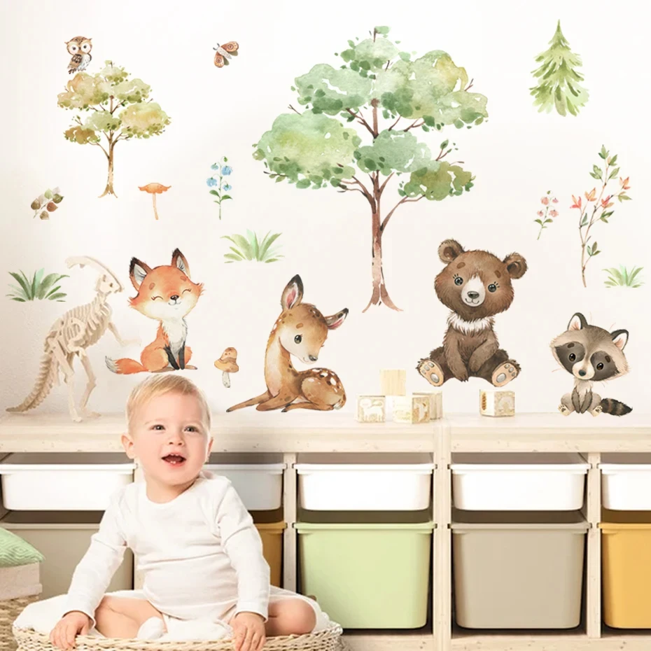 Watercolor Woodland Animals Cartoon Bear Deer Tree Wall Stickers for Nursery Kids Rooms Boys Baby Room Decoration Home Decor