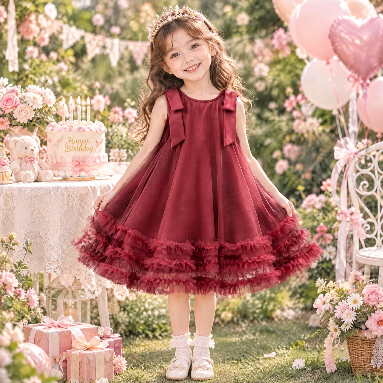Summer Clothing for Girls Aged 2-7 Wine Red Bow Mesh Princess Dress Birthday Party Graduation Ceremony To Wear