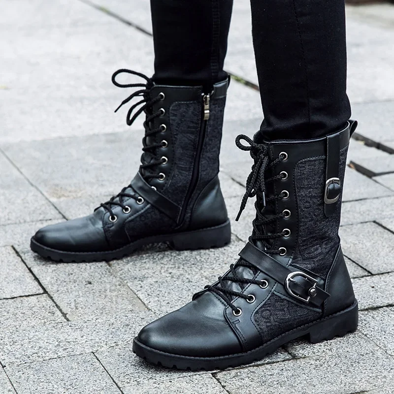 2025New Men Boots Fashion Mid-calf Boots Trend Motorcycle Boot High Top Casual Boots for Men Plush Warm Winter Boot Botas Hombre