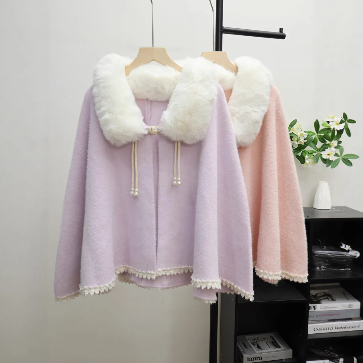 

Women Knitted Capes Coats Faux Mink Fur Ponchos Jackets Lace Solid Fur V Neck Long Sleeves Loose Fit Casual 2025 Autumn Winter
