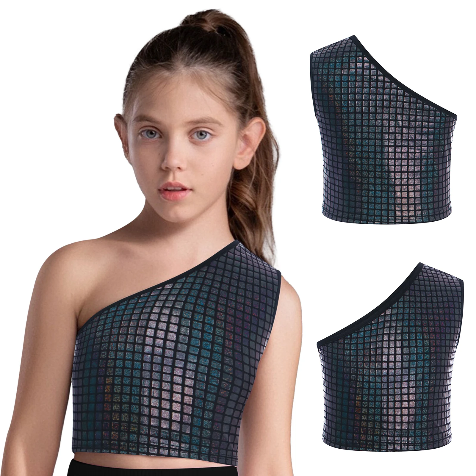 Traje de baile de Hip-Hop para niñas, chaleco a cuadros metálico con un hombro, Top corto sin mangas para baile de Jazz, ropa de baile moderna para Yoga y gimnasio