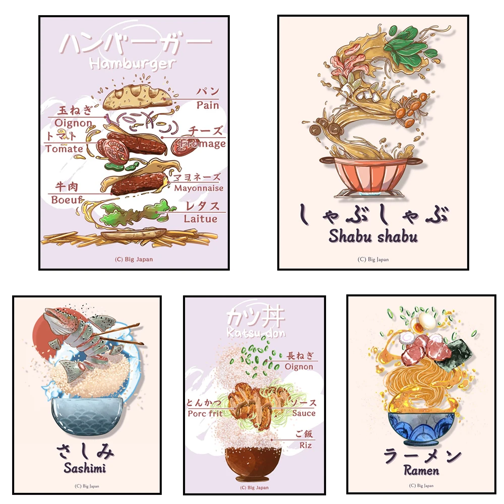 Carne de cerdo frita, ingredientes ramen, olla caliente, curry, cartel de sashimi japonés impreso, imagen de comida japonesa, restaurante, decoración de cocina