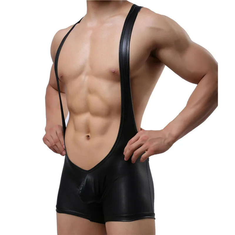 Mens Sexy Faux Leather Bodysuit One-Piece Jockstrap Leotard Catsuit Wrestling Singlet Black PU Jumpsuit Clubwear PVC Wet Look