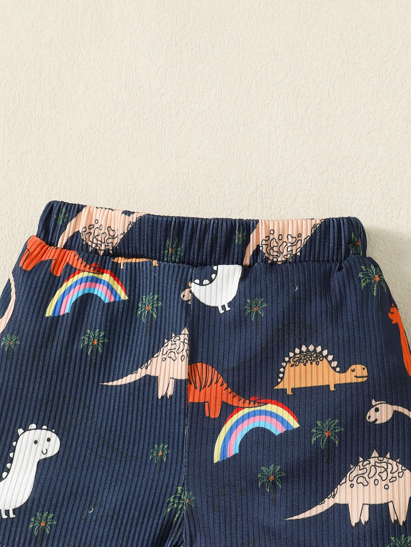 Summer Baby Boy Cute Cartoon Dinosaur Rainbow Print Casual Suit Round Neck Short Sleeve Top Elastic Waist Comfortable Pants