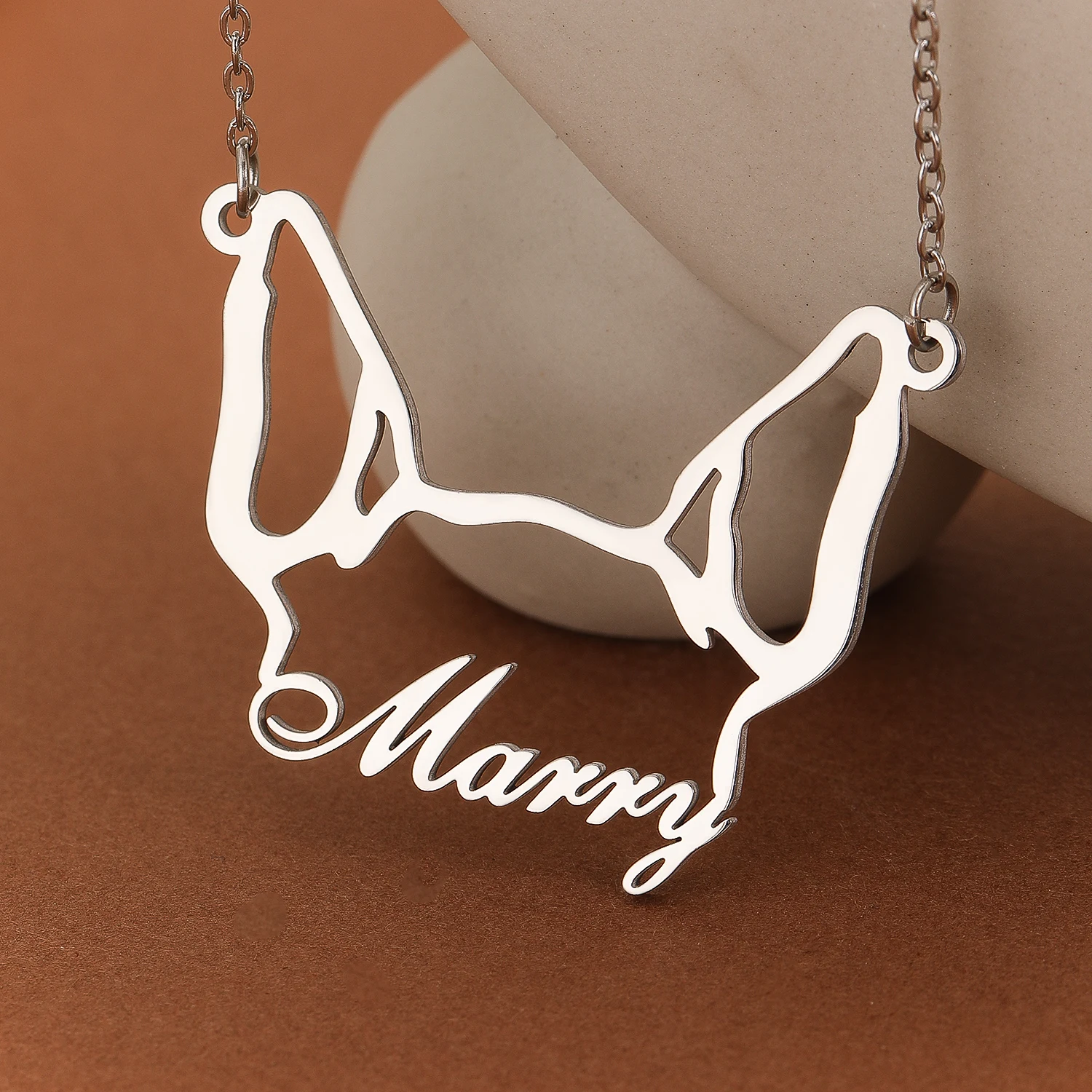 QIAMNI Custom Cute Pet Bull Terrier Ear Name Necklace for Women Men Jewelry Stainless Steel Family Guard Dog Tag Pendant Choker