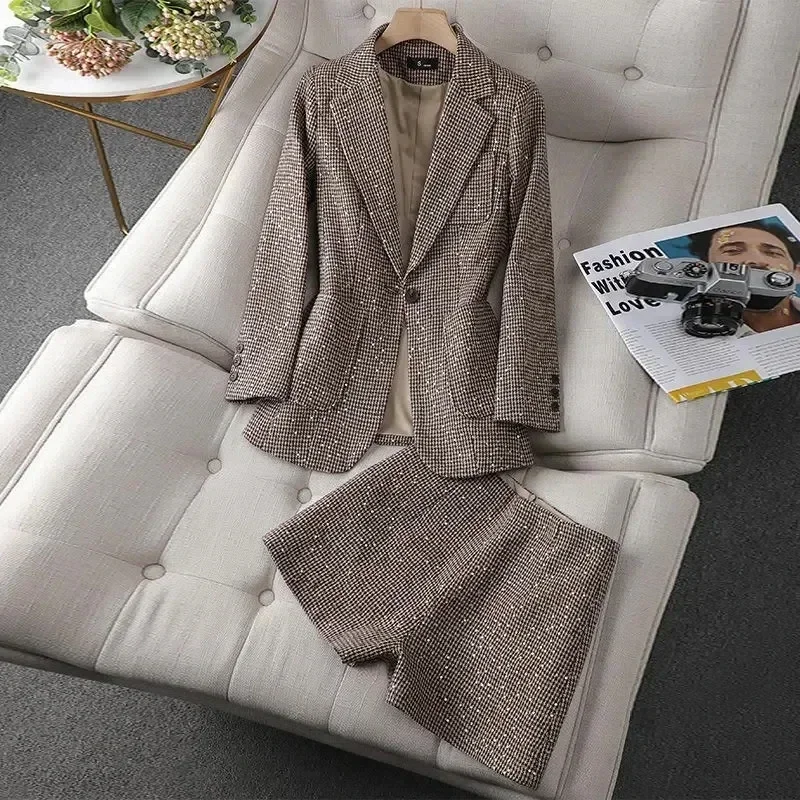 Pop Pop Women's Blazer Two-piece Set Spring Autumn New Fashion Glitter Vintage Suit Jacket Elegant Casual Shorts +Shiny Check Ou
