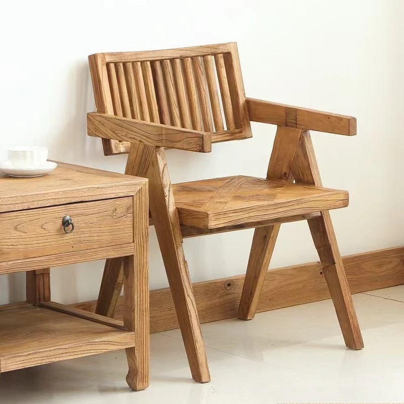 Old Elm BalconyHomestay Cafe Dining Solid Wood Furniture Retro Old Door Panel Back Chair Tea