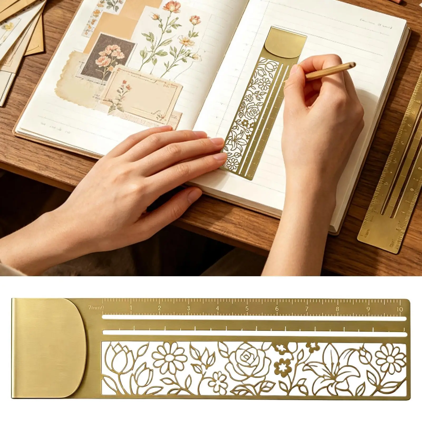 2-in-1 Bookmark Ruler Flower Stencil Page Marker with 10cm Scale Multifunctional Measuring Tool for Reading Journal School Offic