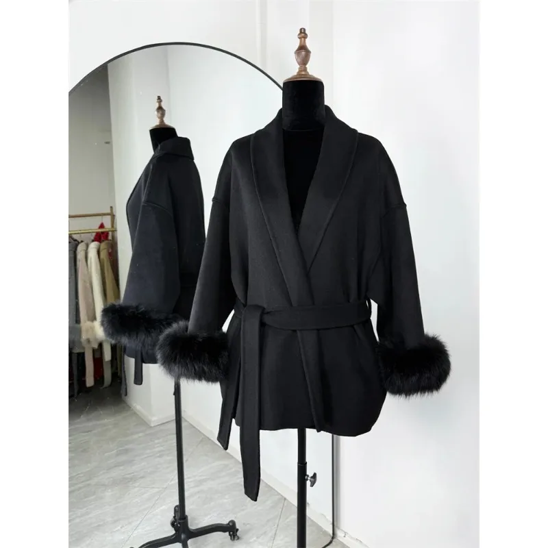

Mao Mao sleeve autumn coat, waist strap woolen coat, short high-end loose coat