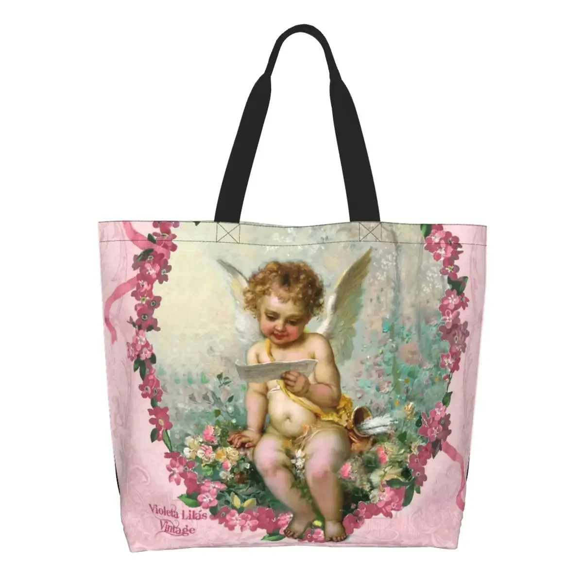 Custom Victorian Angel Vintage Rose Canvas Shopping Bag Women Reusable Large Capacity Groceries Shopper Tote Bags