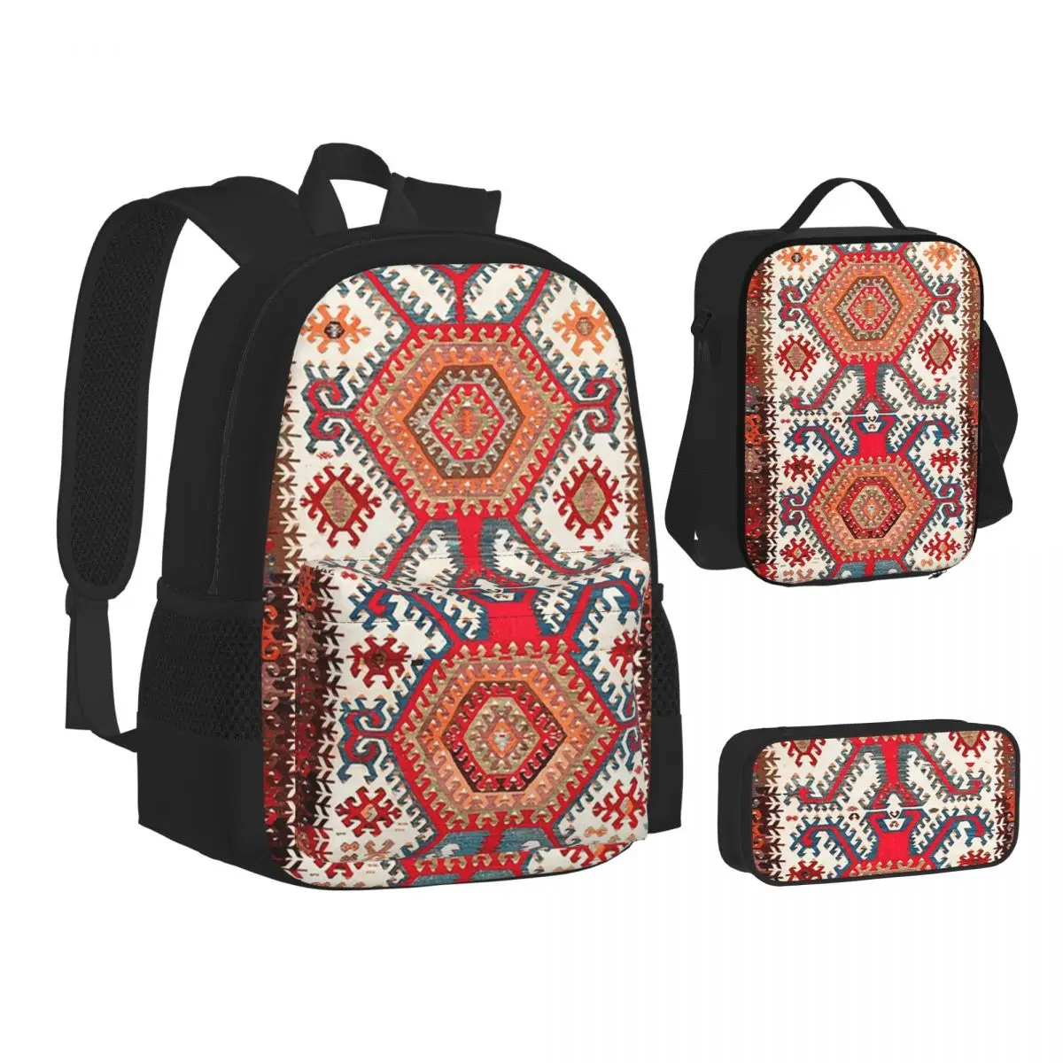 Hotamis - Mochilas con estampado de kilim turco antiguo de Konya, mochilas escolares, mochila para niños, bolsa para el almuerzo, bolsa para bolígrafos, juego de tres piezas