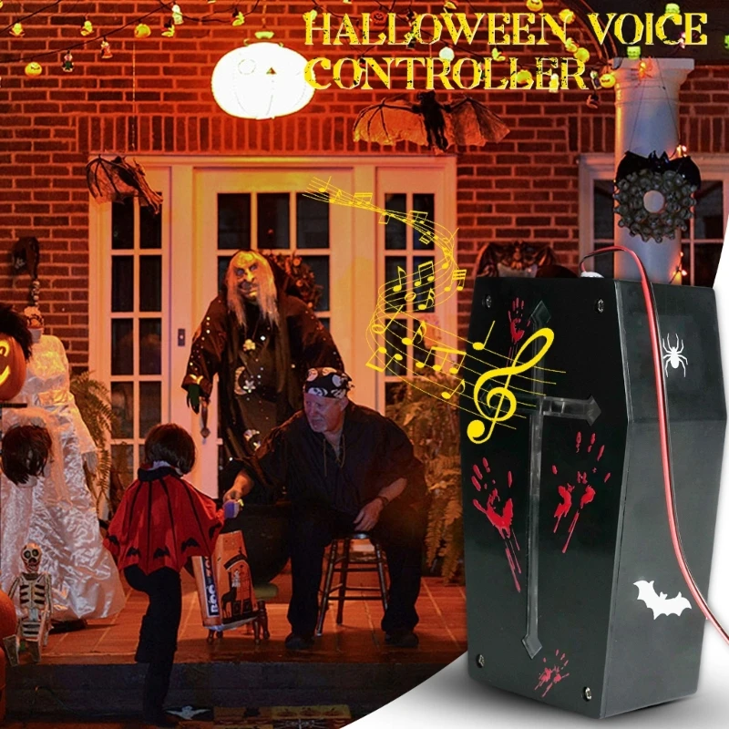 Interactive Voice Controlled Coffin Case Halloween Themed Sound Reactive Coffin with Colorful Lights for Scary Amusement
