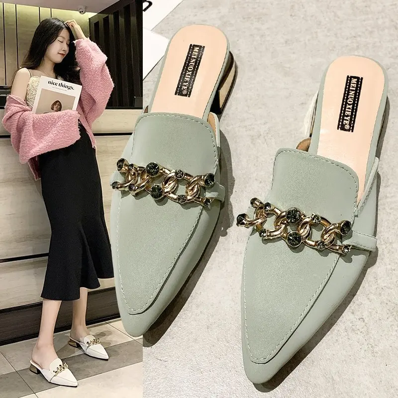 Slippers Women New Chain Mules Women Slides Square Toe Ladies Striped Shoes Summer Fashion Footwear Square Heel Women Shoes