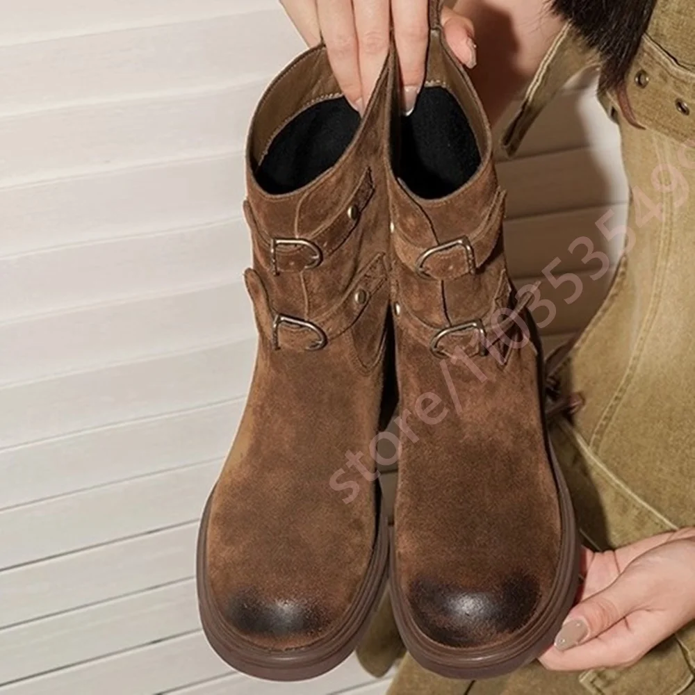 Women Brown Distressed Mid Calf Boots 2026 Round Toe Buckle Strap Low Block Heel Retro Street Style Western Casual Riding Boots