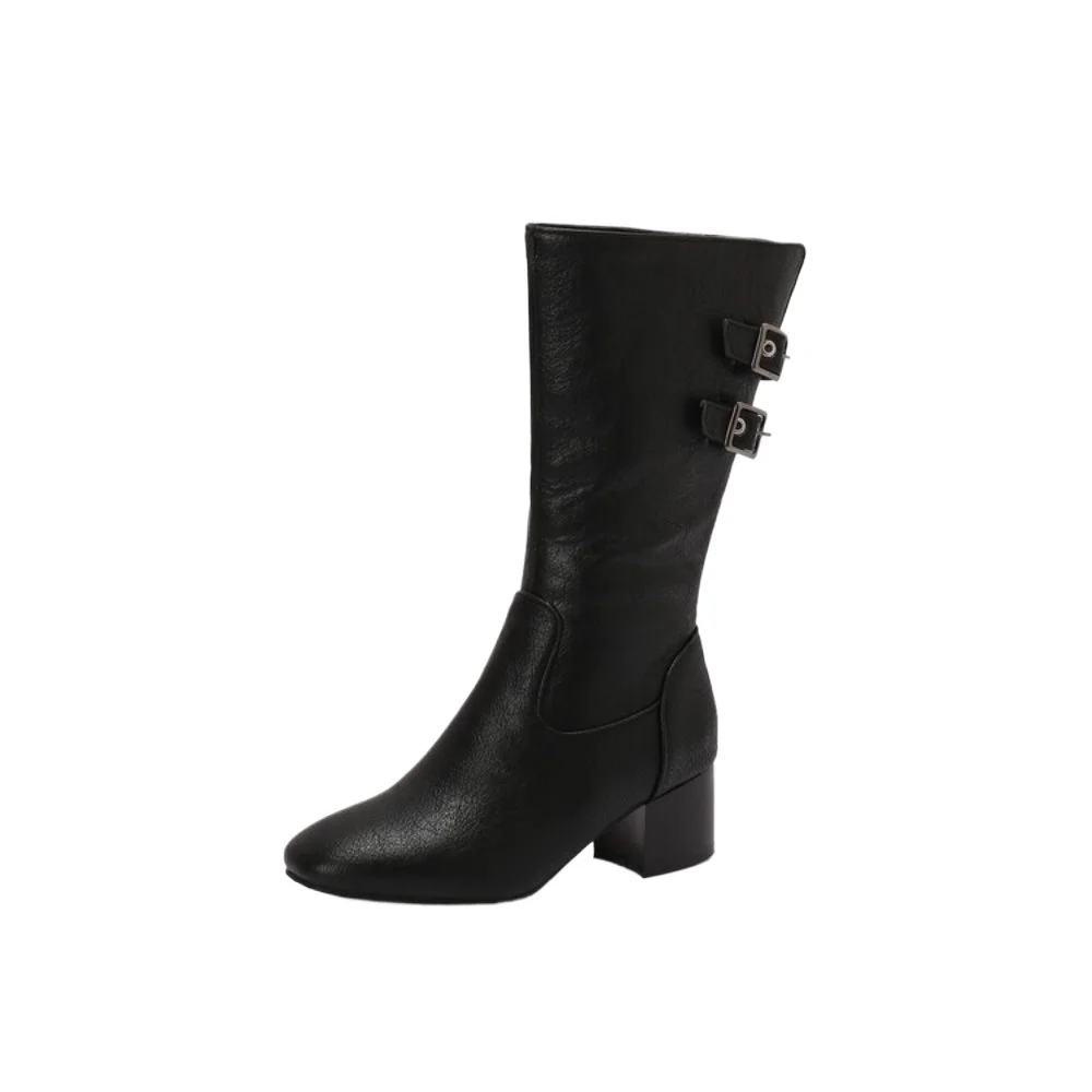 Mid calf boots women fashion belt buckle round toe thick high heels inner zipper party dress casual big size 48 49 50 T106-5
