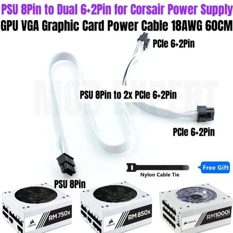 

White CORSAIR GPU Power Cable PSU 8Pin to PCIe Dual 8Pin 6+2Pin for RM750x RM850x RM750i RM850i RM1000i Modular Power 18AWG 60CM