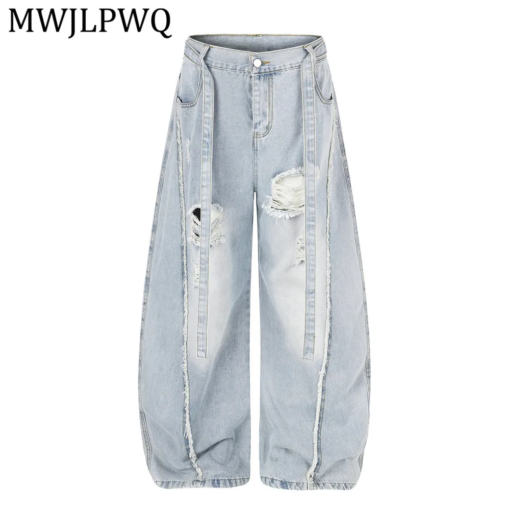 

MWJLPWQ Light-Colored Washed Ripped Denim Curved Pants Male Street Deconstructed Patchwork Whiskered Frayed Vintage Jeans 16469