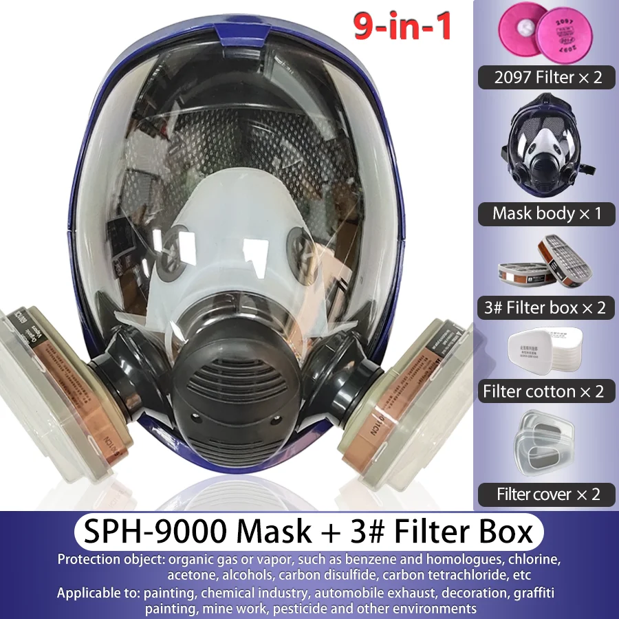 SPH-9000 Industrial Full Face Respirator Silicone Gas Mask Dual Cartridge for Spray Painting Chemical Protection