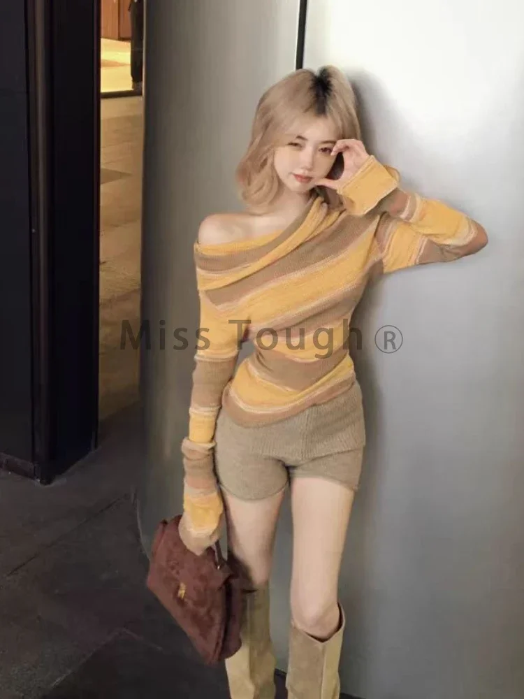 Autumn Aesthetic Sexy Off Shoulder Sweater Women High Street Chic Slim Long Sleeve Knit Tops Hot Chick Skinny Thin Knitwear New