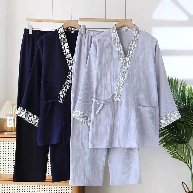 

Ripple Splicing Kimono Robes With Long Trousers 2 Pcs Men's Sleepwear Clothes Thin Style Sweat Steamed Cotton Robe For Men