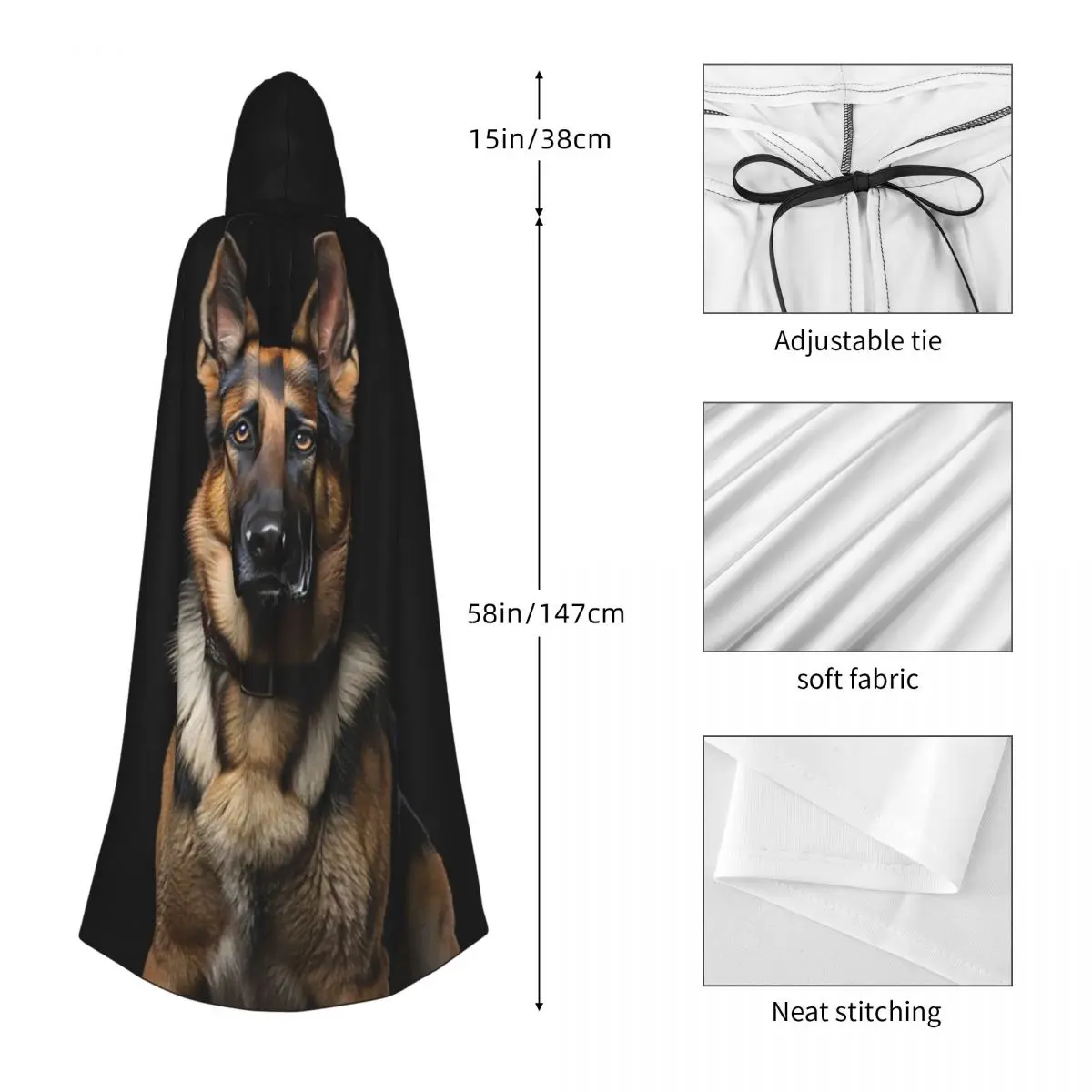 Adorável pastor alemão retrato longo com capuz capa bruxa traje medieval cosplay capa halloweenparty adulto unisex