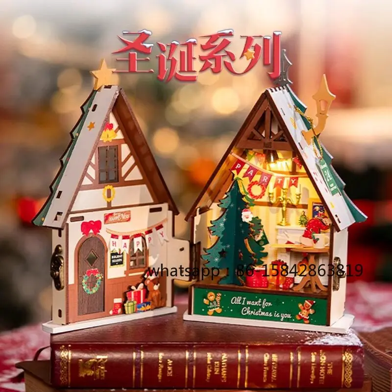 Happy Christmas House Handmade Cottage Miniature Scene Forest Assembled Building Block House