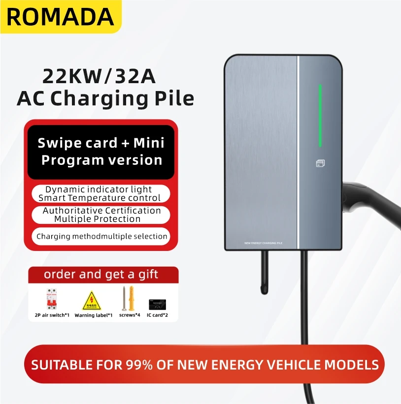 ROMADA 32A IEC62196 Type2 GBT20234 Зарядное устройство для электромобилей 22 кВт 3-фазная зарядная станция Автомобильное зарядное устройство EVSE Wallbox с управлением через приложение Bluetooth ROMADA 32A IEC62196 Type2 GBT20234 Зарядное устройство для электромобилей 22 кВт 3-фазная зарядная станция Автомобильное зарядное устройство EVSE Wallbox с управлением через приложение Bluetooth